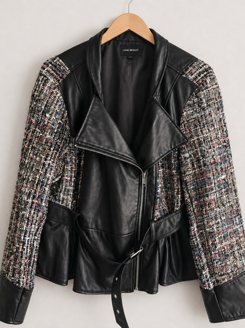Lane Bryant 18/20 Black Mixed Media Tweed Moto Peplum Jacket